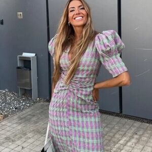 Zara Multicolor Puff Sleeve Midi Dress